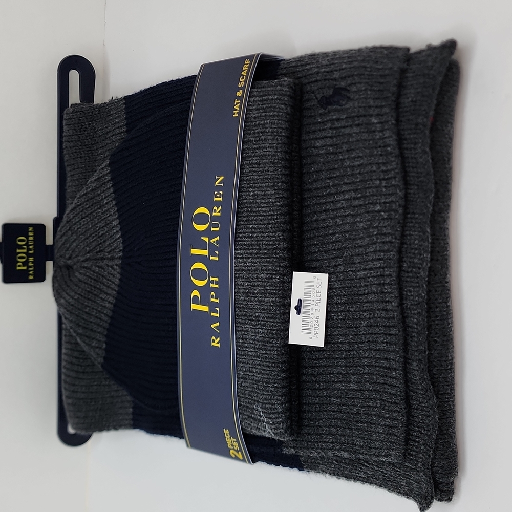 POLO RALPH LAUREN 2 PIECE SET, GREY & NAVY HAT & SCARF - Picture 7 of 12